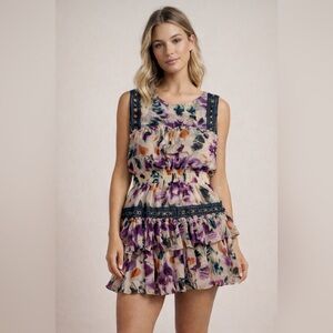 Misa Los Angeles Floral Mini Dress with Lace and Grommet Details Sz Medium